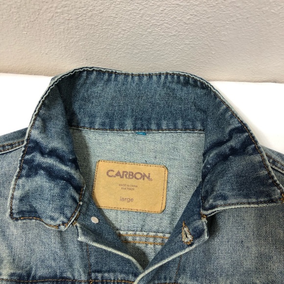 Carbon 70829 Denim Blue Yellowish Wash Distressed Buttoned Trucker Jean Jacket L - Picture 11 of 16